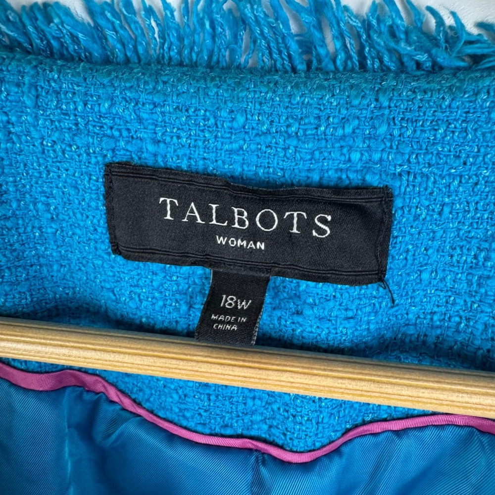Talbots Fish Beaded Embellished Tweed Jacket Size 18W Blue Open Front Preppy - Picture 6 of 9